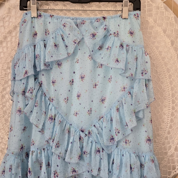 Urban Outfitters Boho Fairycore Blue Ditsy Floral Ruffle Asymmetrical Midi Skirt - Picture 8 of 14